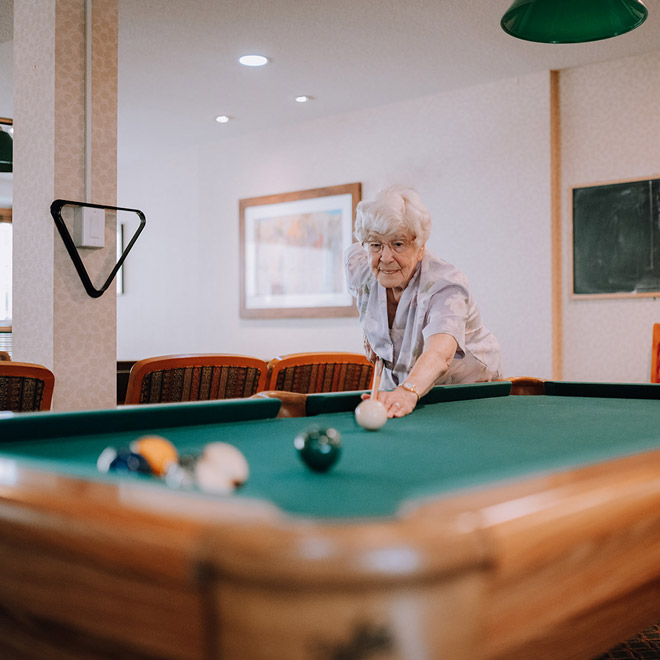VRS Senior Retirement Communities Lakeside Gardens Nanaimo our story about tricard1 resident playing billards